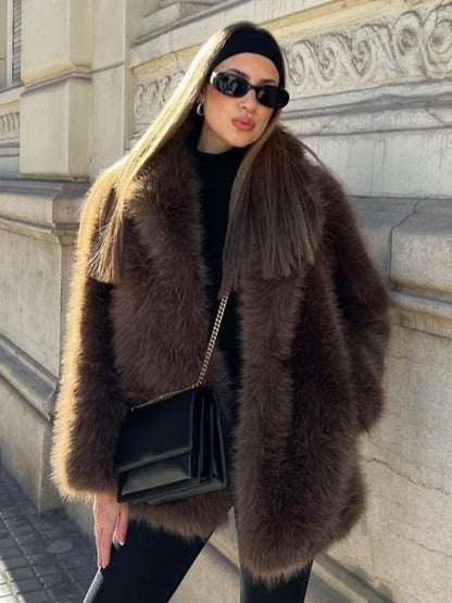 Thea - Brown Faux Fur Long Jacket