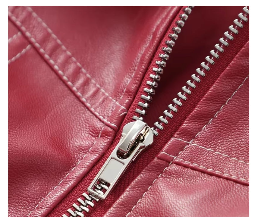 Mila - Oversized Red Leather Bomber Jacket