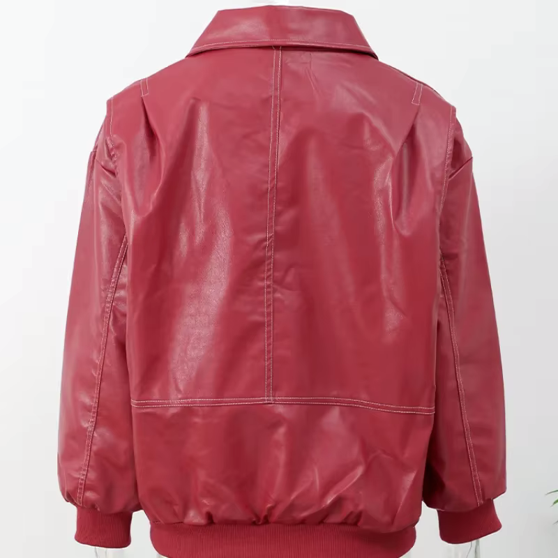 Mila - Oversized Red Leather Bomber Jacket