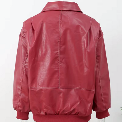 Mila - Oversized Red Leather Bomber Jacket