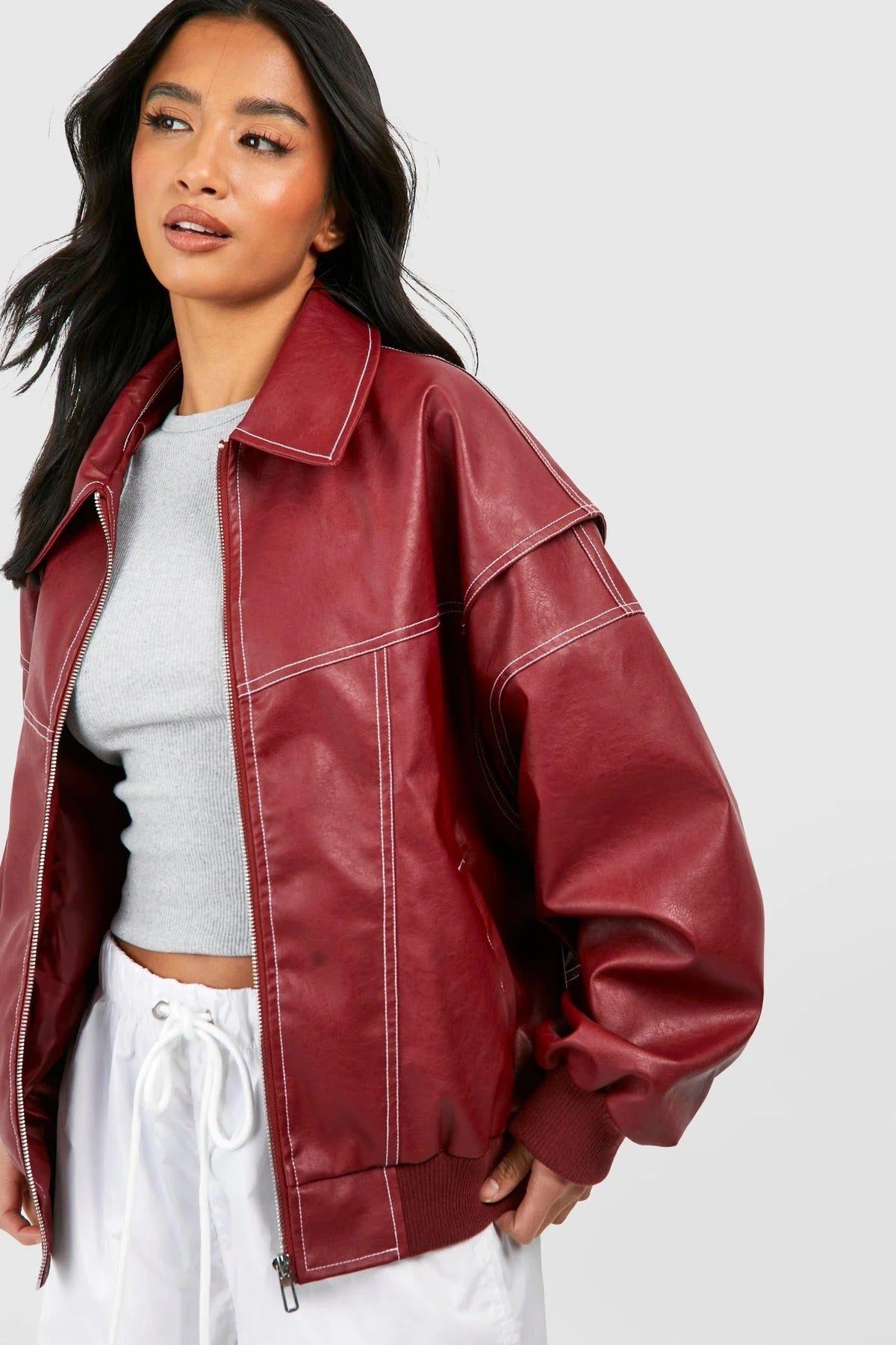 Mila - Oversized Red Leather Bomber Jacket