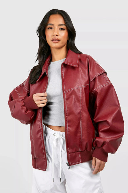 Mila - Oversized Red Leather Bomber Jacket